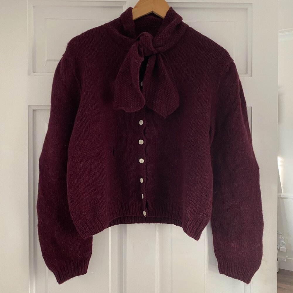 Vintage Ralph Lauren 100% Wool Cardigan Sweater with Bow Tie Neck